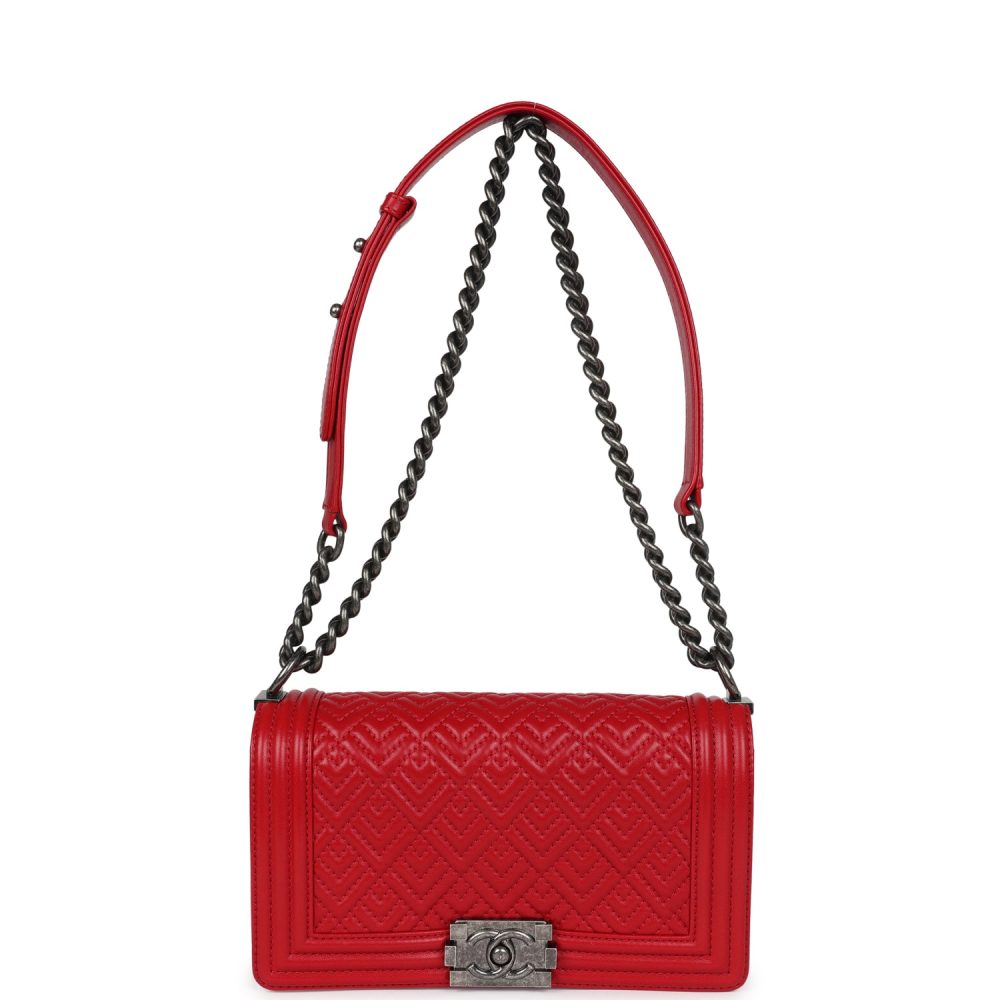 Chanel Old Medium Boy Bag Red Lambskin Aged Ruthenium Hardware - Image 7