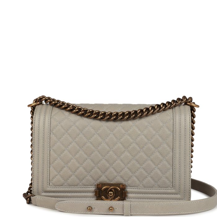 Pre-owned Chanel New Medium Boy Bag Grey Caviar Antique Gold Hardware