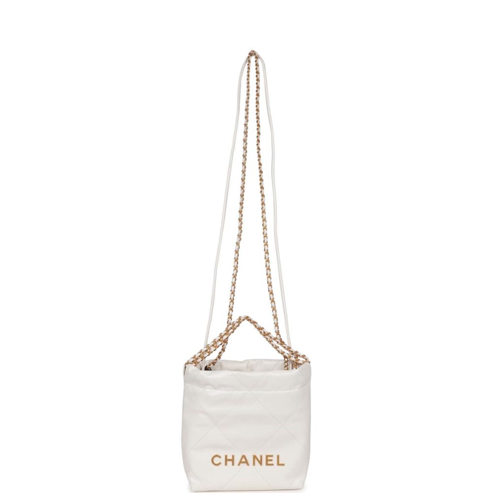 Chanel Mini 22 Bag White Calfskin Antique Gold Hardware - Image 6