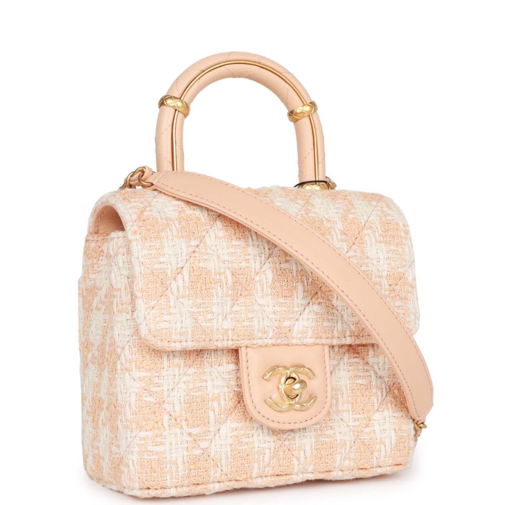 Chanel Mini Square Flap with Top Handle Light Orange and Ecru Tweed Antique Gold Hardware - Image 2