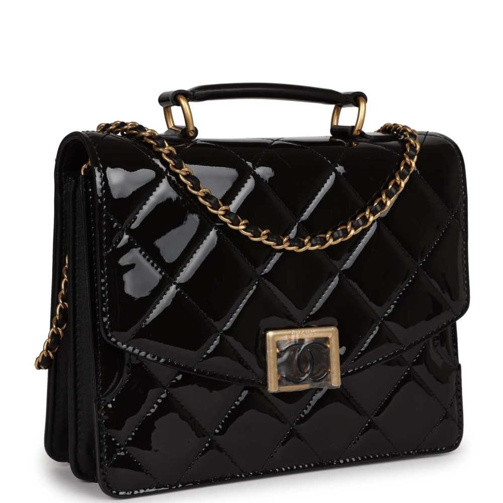 Chanel Accordion Pushlock Top Handle Flap Bag Black Patent Leather Aged Gold Hardware - Image 2