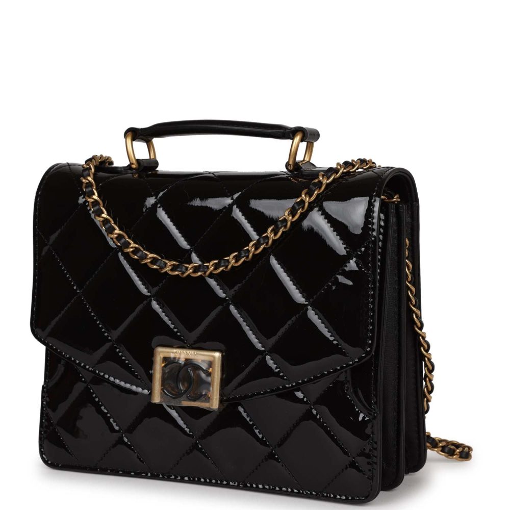 Chanel Accordion Pushlock Top Handle Flap Bag Black Patent Leather Aged Gold Hardware - Image 5