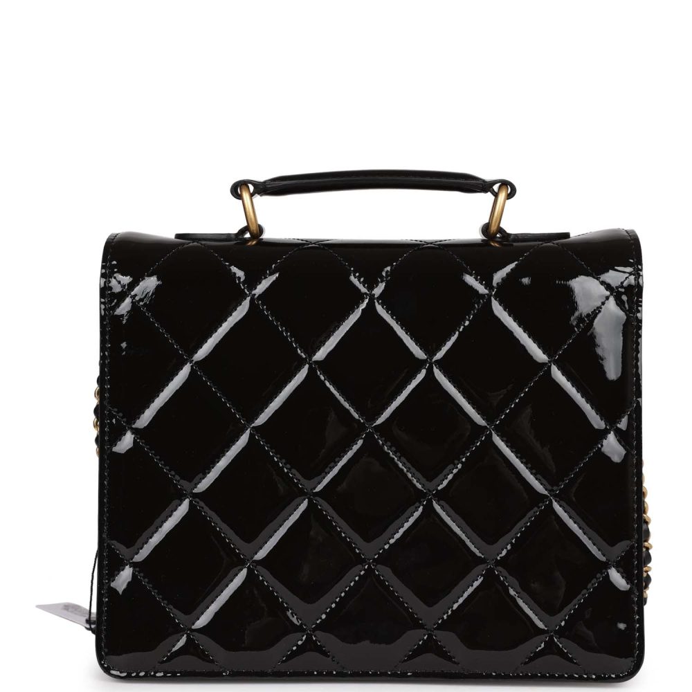 Chanel Accordion Pushlock Top Handle Flap Bag Black Patent Leather Aged Gold Hardware - Image 4