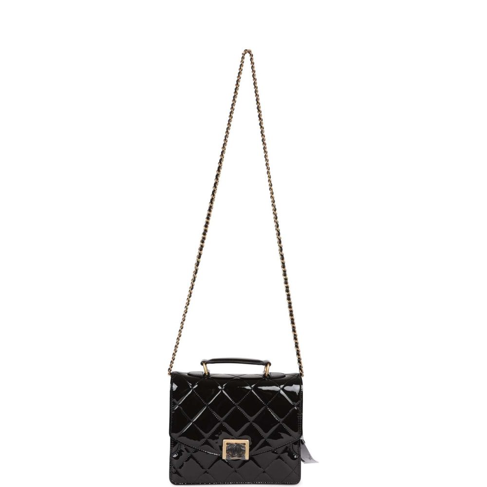 Chanel Accordion Pushlock Top Handle Flap Bag Black Patent Leather Aged Gold Hardware - Image 7