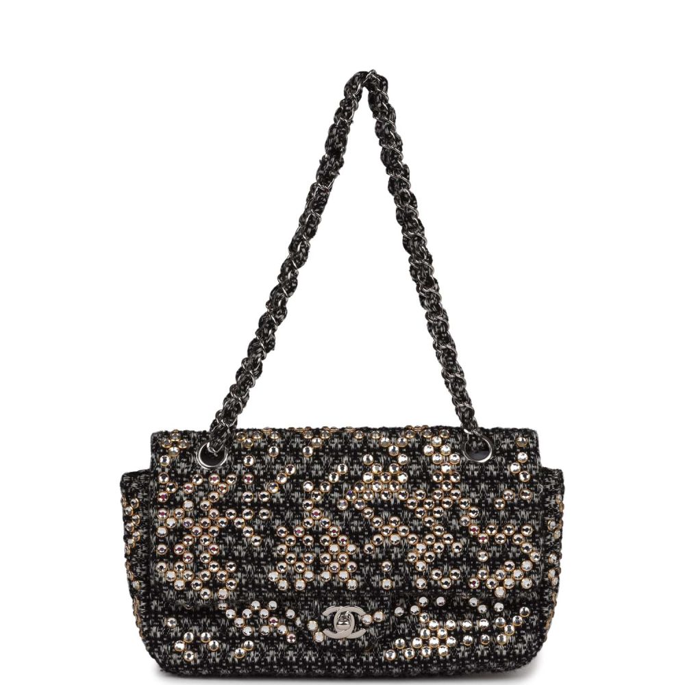 Pre-owned Chanel Medium Single Flap Black and White Tweed With Crystals Silver Hardware - Image 7