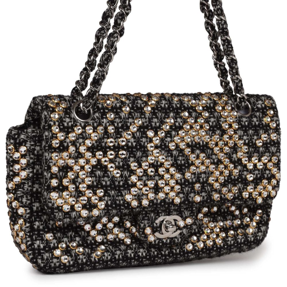 Pre-owned Chanel Medium Single Flap Black and White Tweed With Crystals Silver Hardware - Image 2