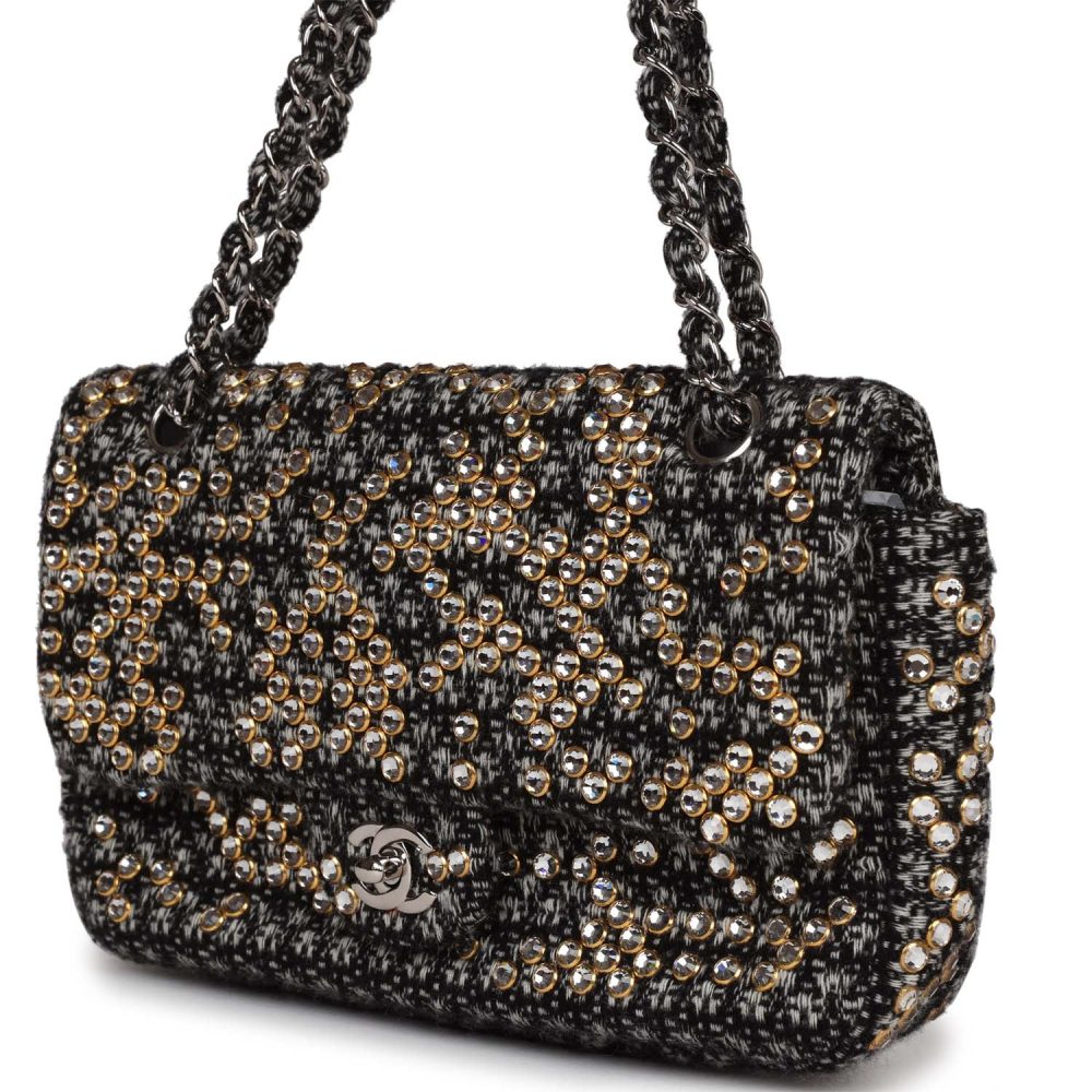 Pre-owned Chanel Medium Single Flap Black and White Tweed With Crystals Silver Hardware - Image 5