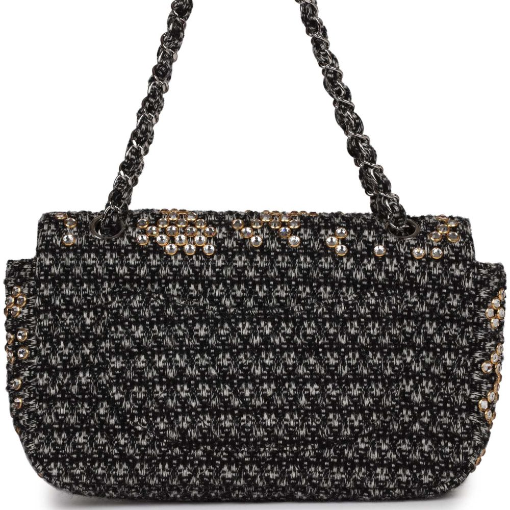 Pre-owned Chanel Medium Single Flap Black and White Tweed With Crystals Silver Hardware - Image 4