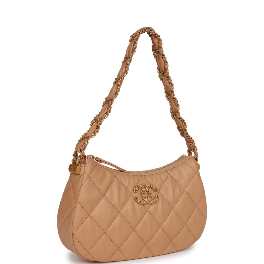 Chanel 19 Hobo Bag Beige Aged Calfskin Brushed Gold Hardware - Image 2