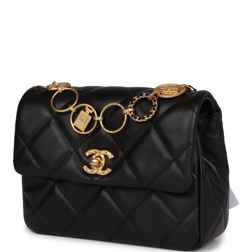 Chanel Mini Charms Flap Bag Black Lambskin Brushed Gold Hardware - Image 3