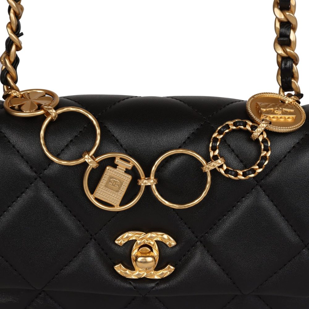 Chanel Mini Charms Flap Bag Black Lambskin Brushed Gold Hardware - Image 8