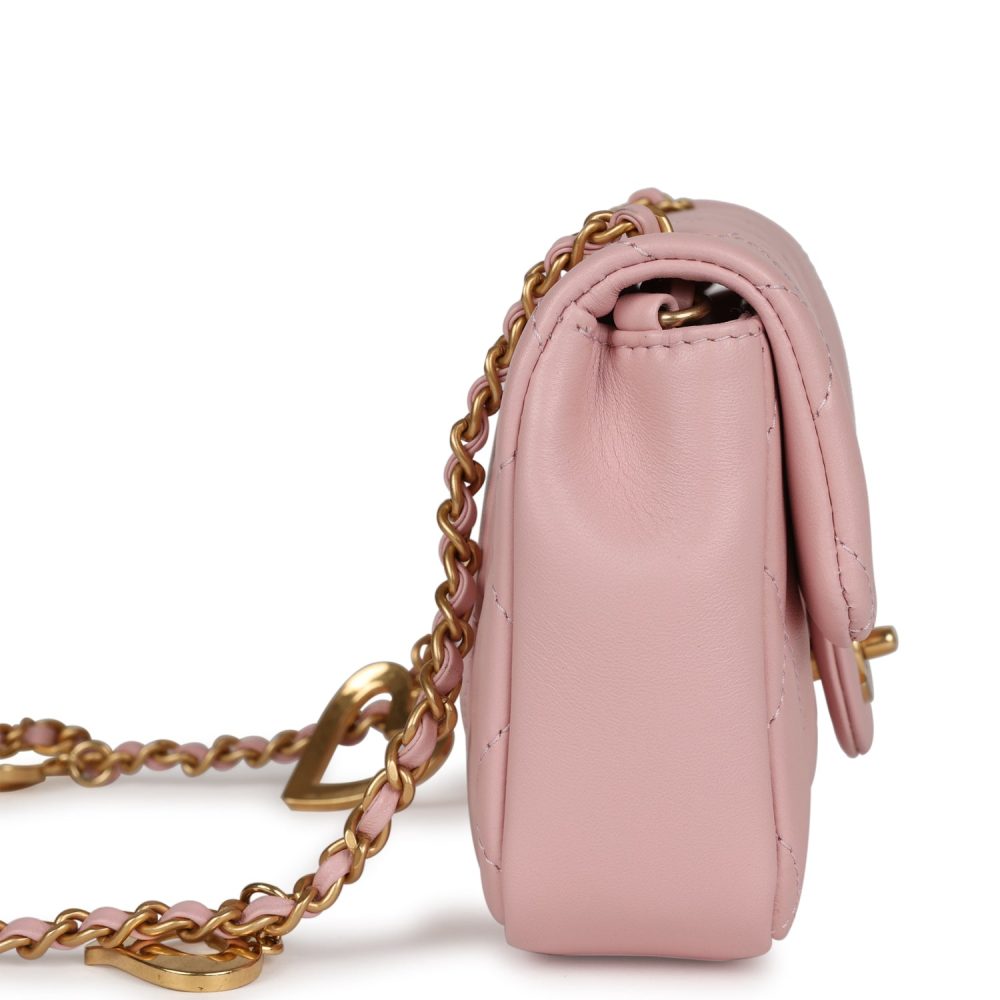 Chanel Mini Rectangular Flap Bag with Heart Chain Pink Lambskin Antique Gold Hardware - Image 3