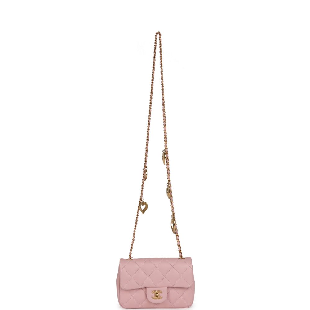 Chanel Mini Rectangular Flap Bag with Heart Chain Pink Lambskin Antique Gold Hardware - Image 7