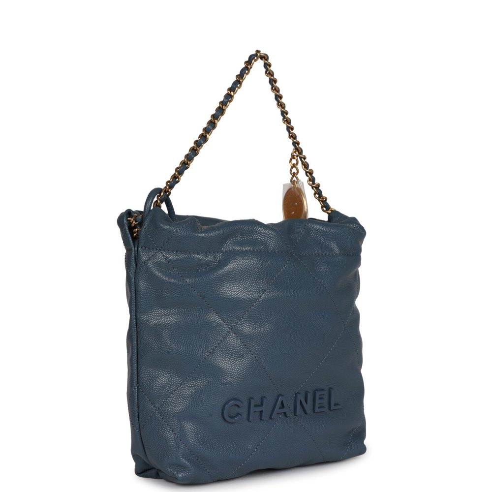 Chanel Mini 22 Bag Blue Pebbled Calfskin Gold Hardware - Image 2