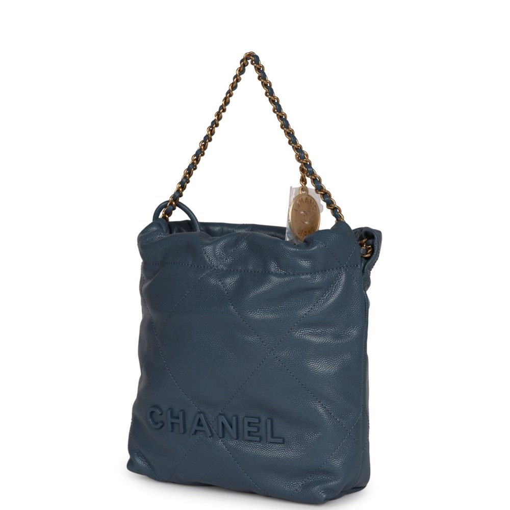 Chanel Mini 22 Bag Blue Pebbled Calfskin Gold Hardware - Image 5