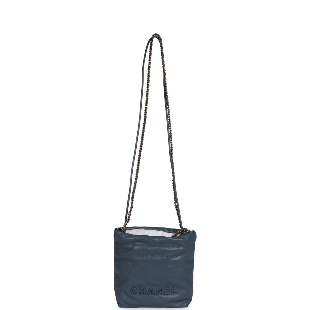 Chanel Mini 22 Bag Blue Pebbled Calfskin Gold Hardware - Image 7
