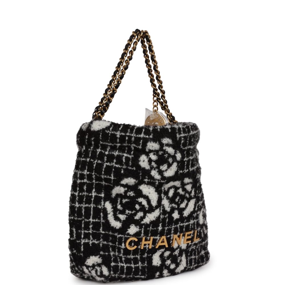 Chanel Mini 22 Bag Black and White Floral Tweed Gold Hardware - Image 2