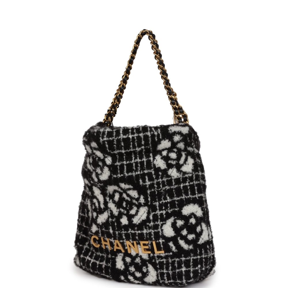 Chanel Mini 22 Bag Black and White Floral Tweed Gold Hardware - Image 5