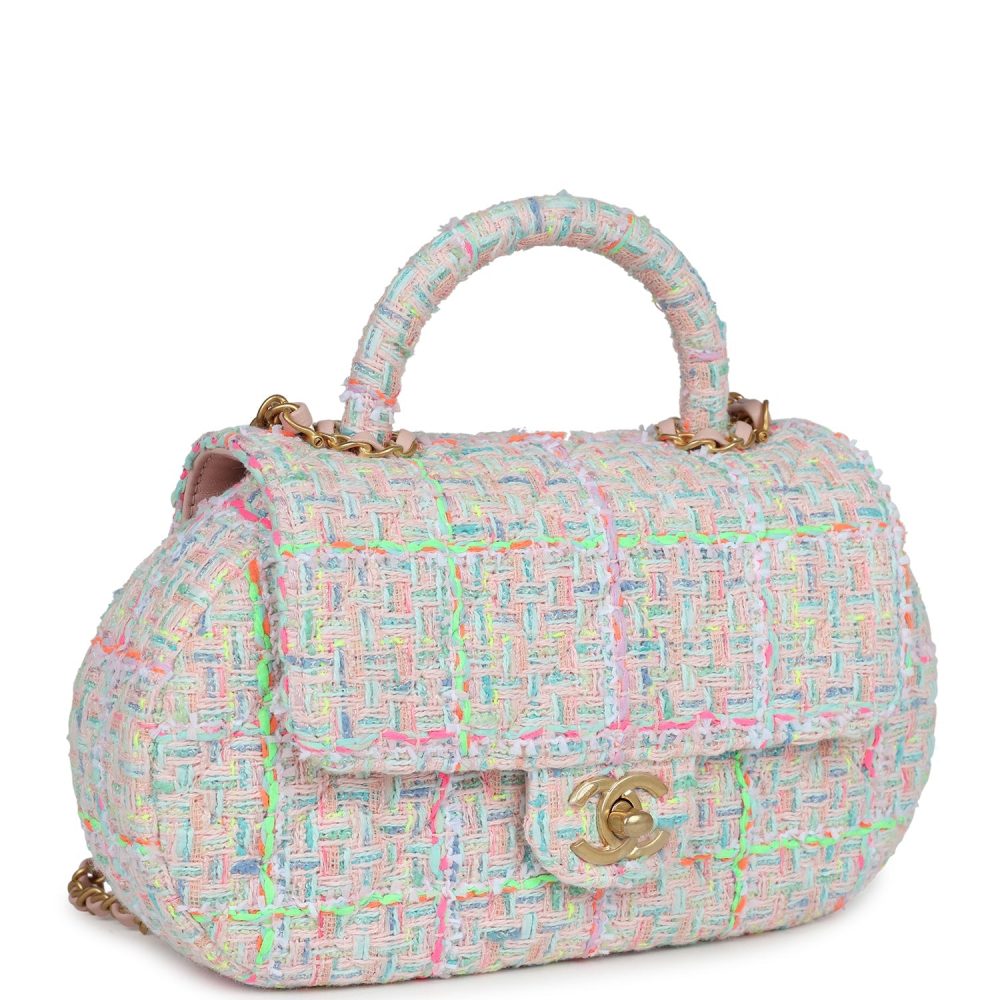 Chanel Mini Flap Bag with Top Handle Pink Tweed Antique Gold Hardware - Image 2