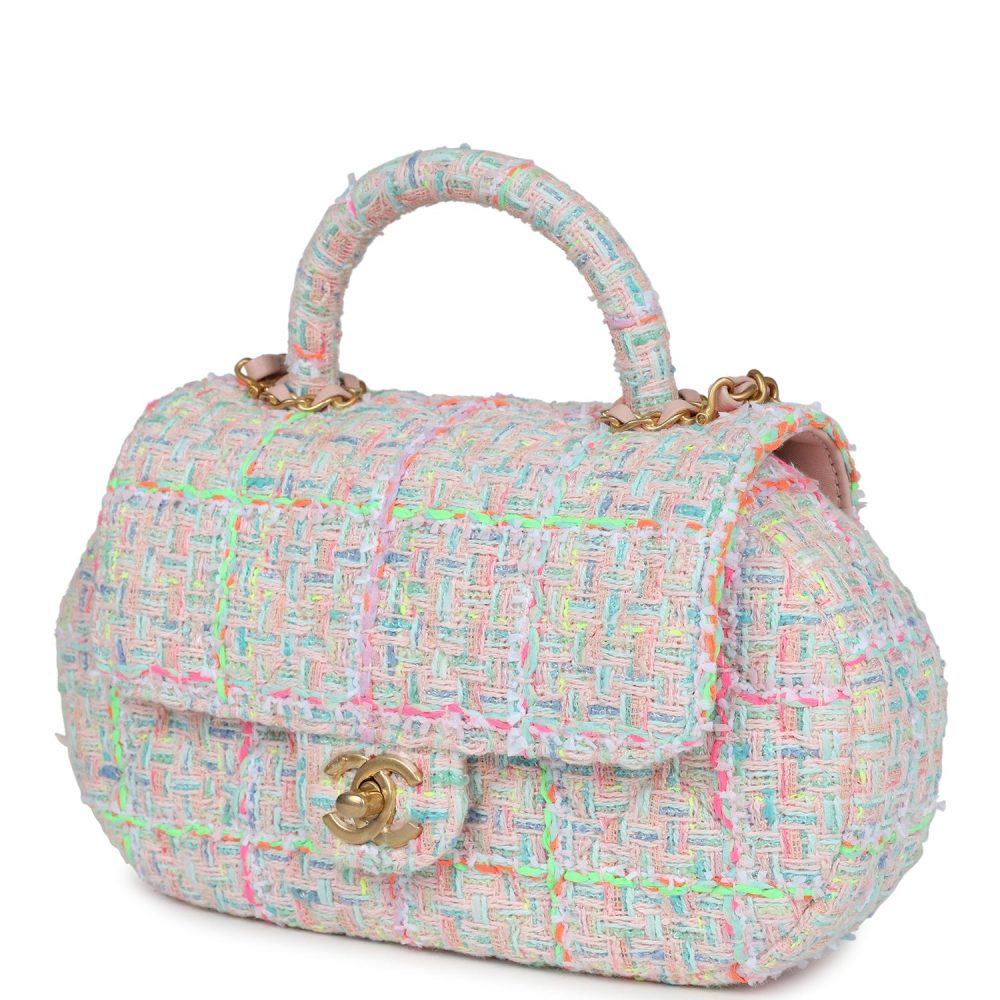 Chanel Mini Flap Bag with Top Handle Pink Tweed Antique Gold Hardware - Image 5