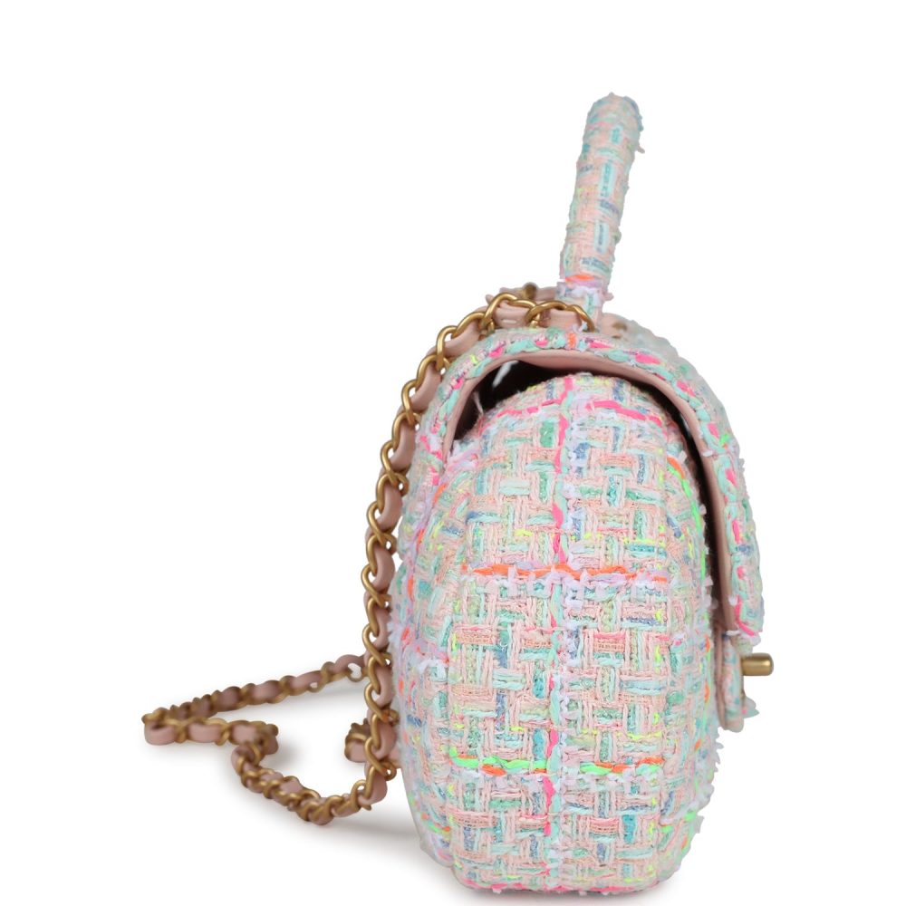 Chanel Mini Flap Bag with Top Handle Pink Tweed Antique Gold Hardware - Image 3