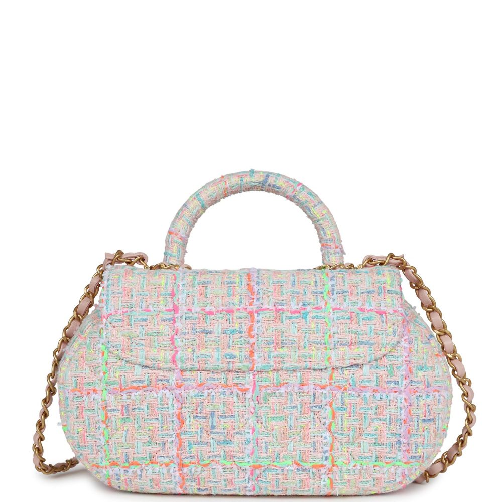 Chanel Mini Flap Bag with Top Handle Pink Tweed Antique Gold Hardware - Image 4