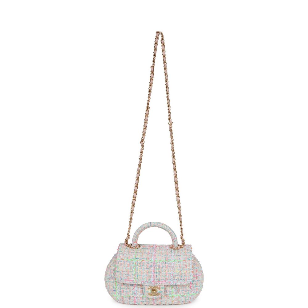 Chanel Mini Flap Bag with Top Handle Pink Tweed Antique Gold Hardware - Image 7