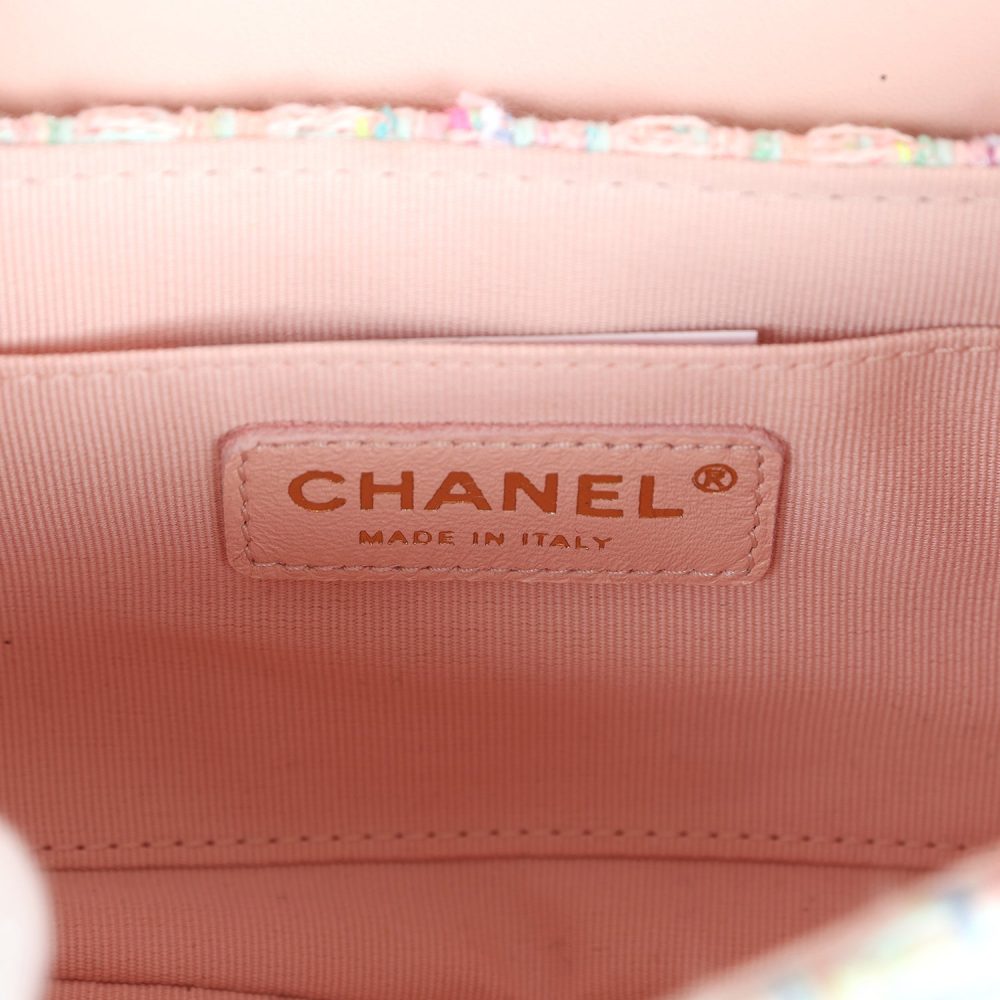 Chanel Mini Flap Bag with Top Handle Pink Tweed Antique Gold Hardware - Image 9