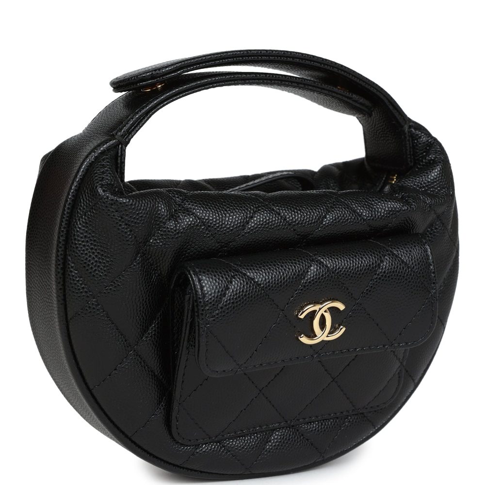 Chanel Mini Round Hobo Pouch Bag Black Caviar Gold Hardware - Image 2