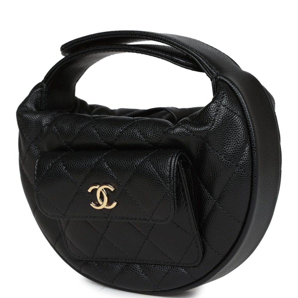 Chanel Mini Round Hobo Pouch Bag Black Caviar Gold Hardware - Image 5