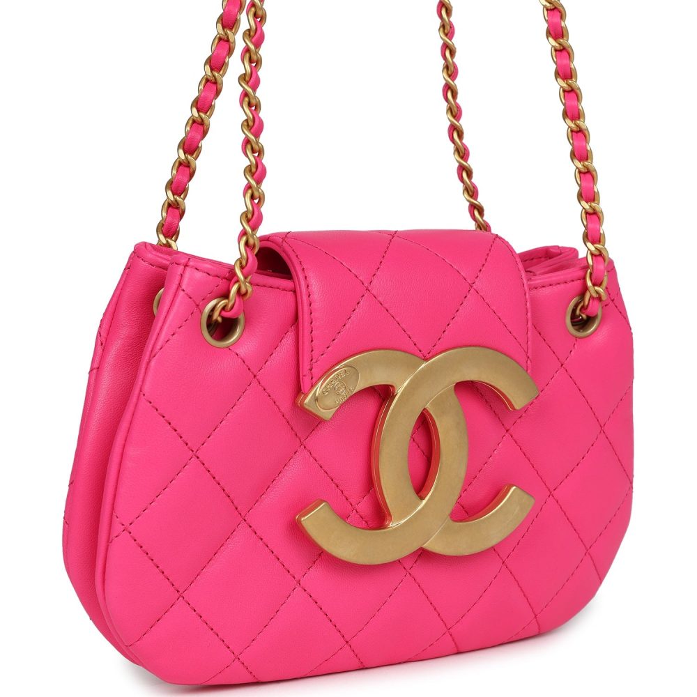 Chanel CC Mini Shoulder Bag Fuchsia Lambskin Antique Gold Hardware - Image 2