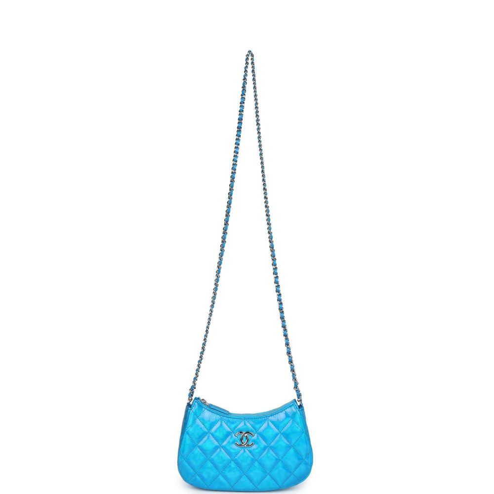 Chanel Mini Hobo Bag Blue Metallic Goatskin Silver Hardware - Image 8