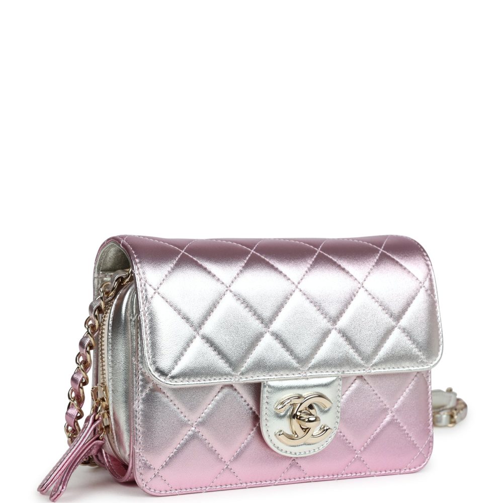 Chanel Mini Flap Bag Pink and Silver Metallic Lambskin Light Gold Hardware - Image 2
