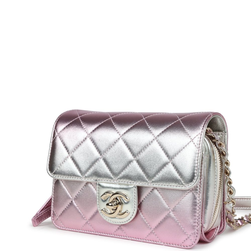 Chanel Mini Flap Bag Pink and Silver Metallic Lambskin Light Gold Hardware - Image 4