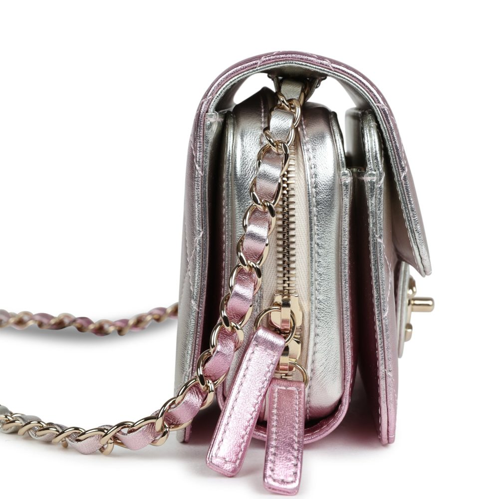 Chanel Mini Flap Bag Pink and Silver Metallic Lambskin Light Gold Hardware - Image 3