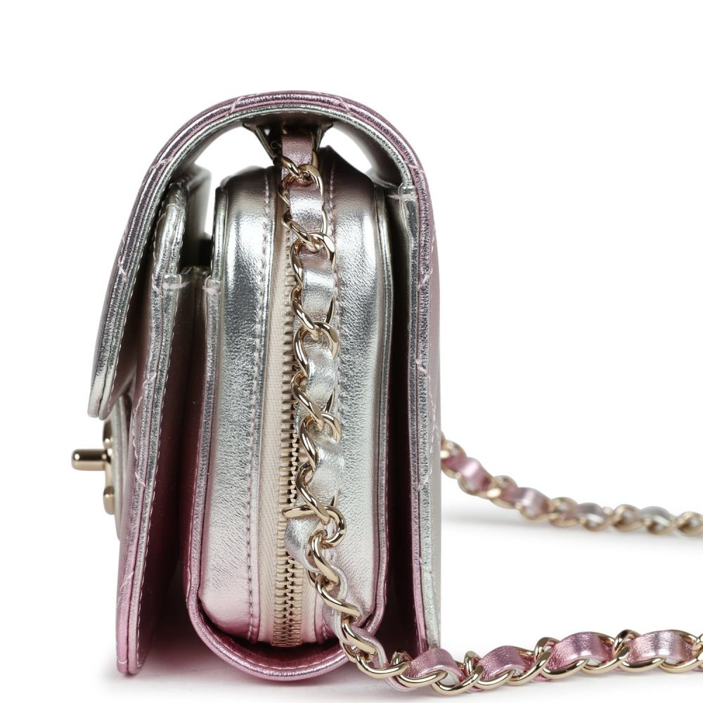 Chanel Mini Flap Bag Pink and Silver Metallic Lambskin Light Gold Hardware - Image 5
