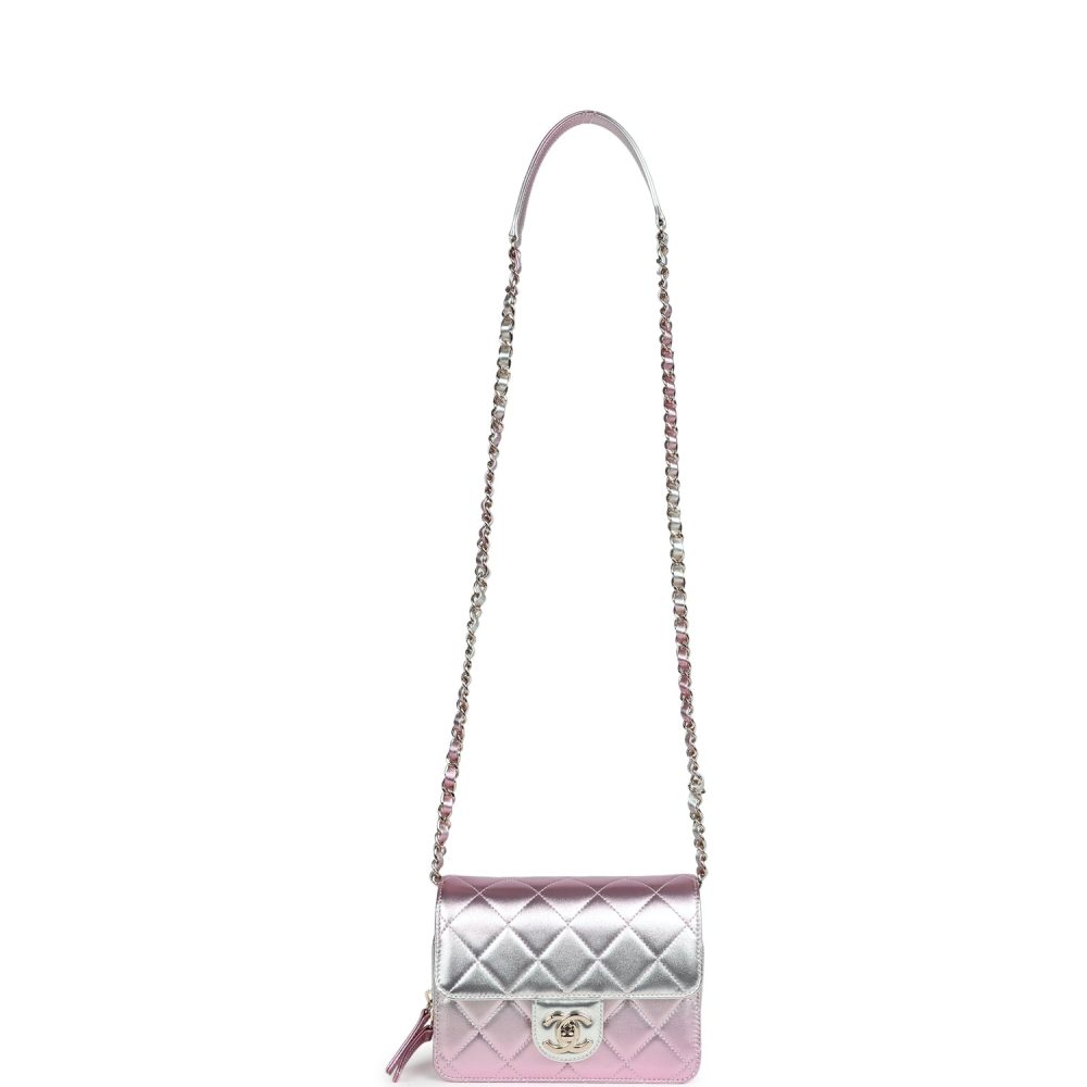 Chanel Mini Flap Bag Pink and Silver Metallic Lambskin Light Gold Hardware - Image 8