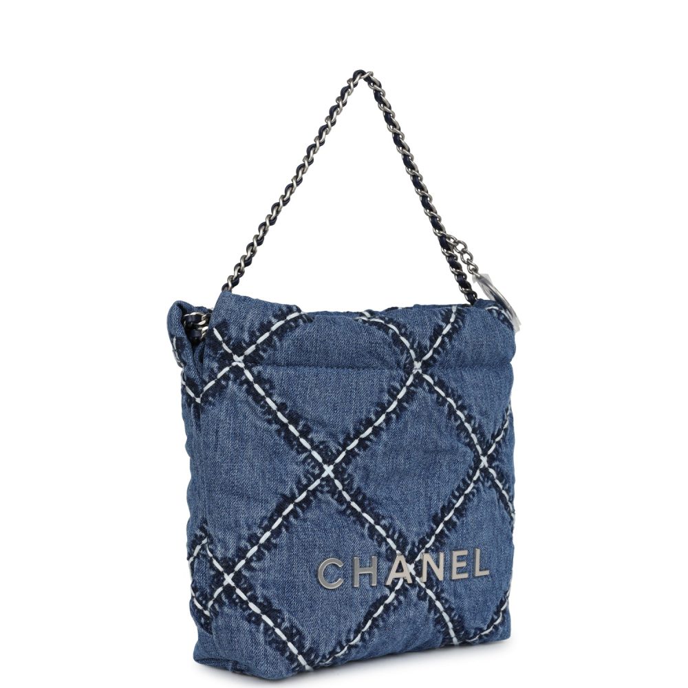Chanel Mini 22 Bag Blue Stitched Denim Silver Hardware - Image 2