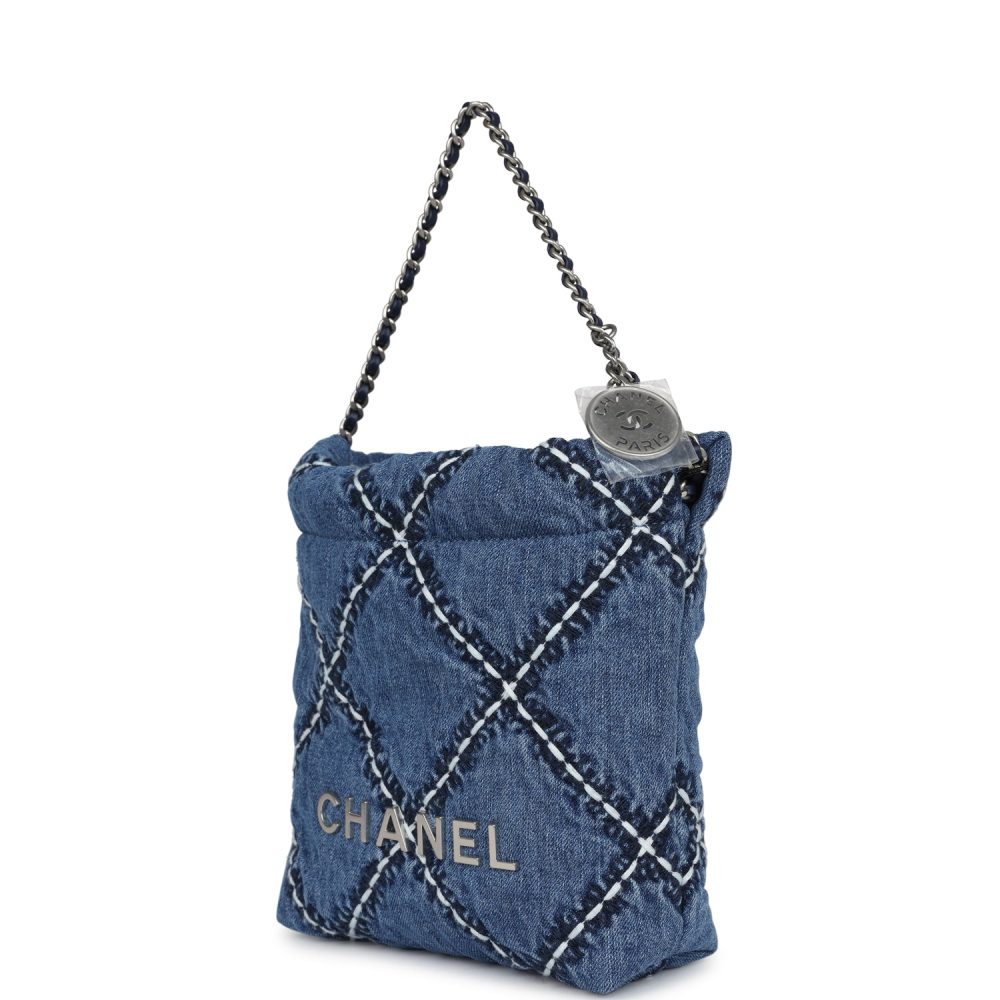 Chanel Mini 22 Bag Blue Stitched Denim Silver Hardware - Image 5