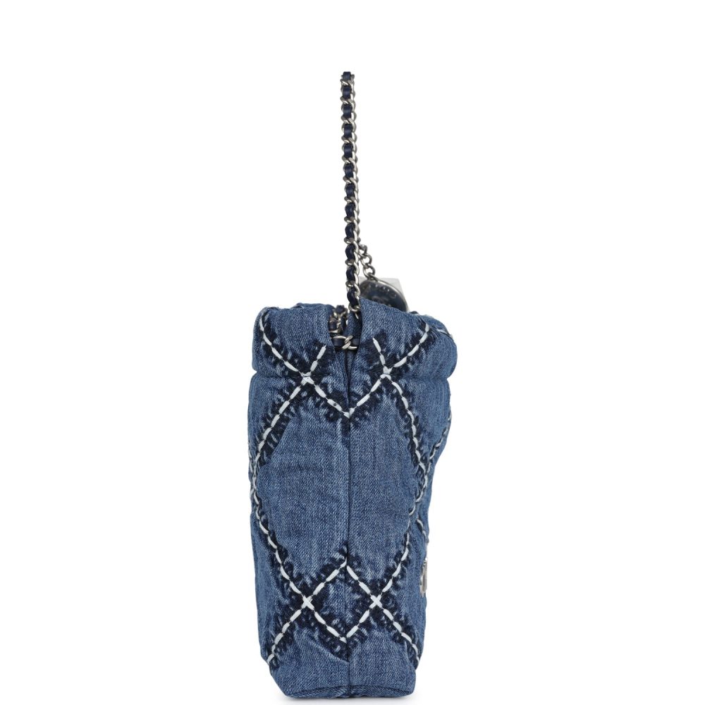 Chanel Mini 22 Bag Blue Stitched Denim Silver Hardware - Image 3