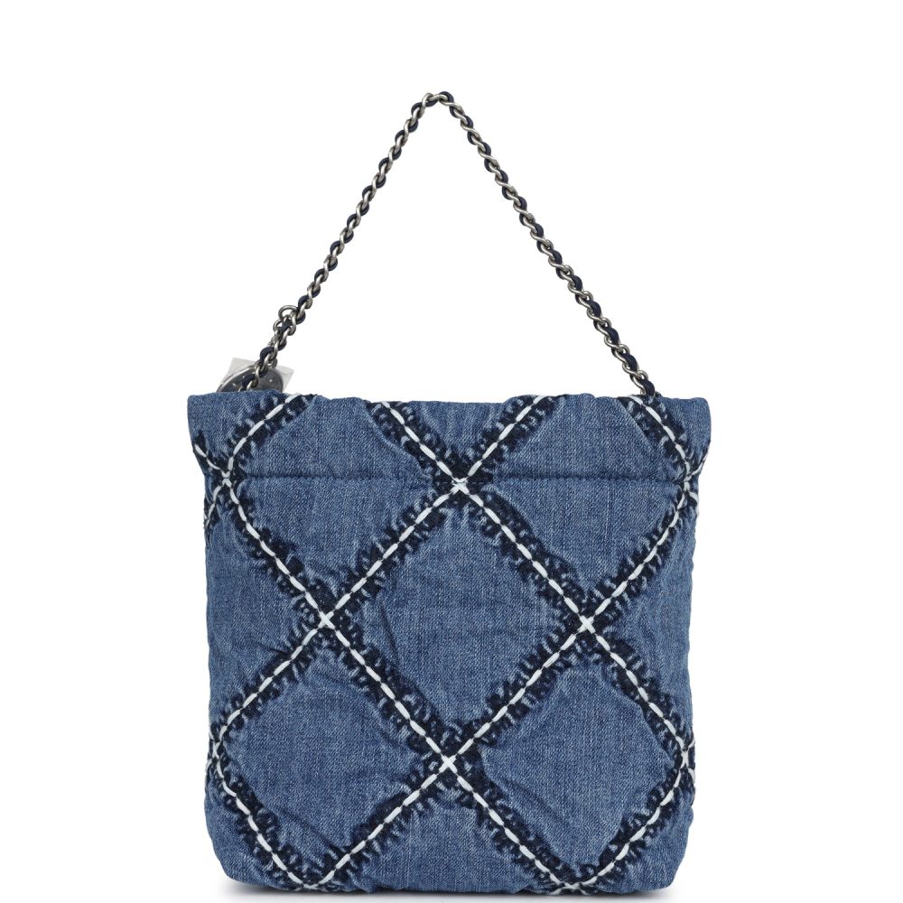 Chanel Mini 22 Bag Blue Stitched Denim Silver Hardware - Image 4
