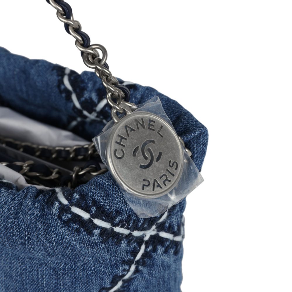 Chanel Mini 22 Bag Blue Stitched Denim Silver Hardware - Image 6