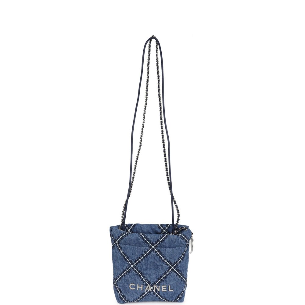 Chanel Mini 22 Bag Blue Stitched Denim Silver Hardware - Image 7