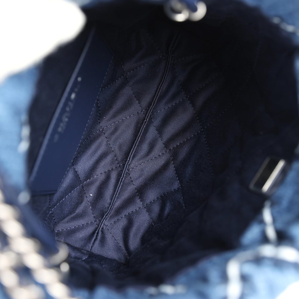 Chanel Mini 22 Bag Blue Stitched Denim Silver Hardware - Image 9
