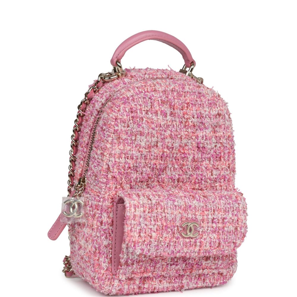 Chanel Mini Phone Holder Backpack with Chain Pink Multicolor Tweed Light Gold Hardware - Image 2