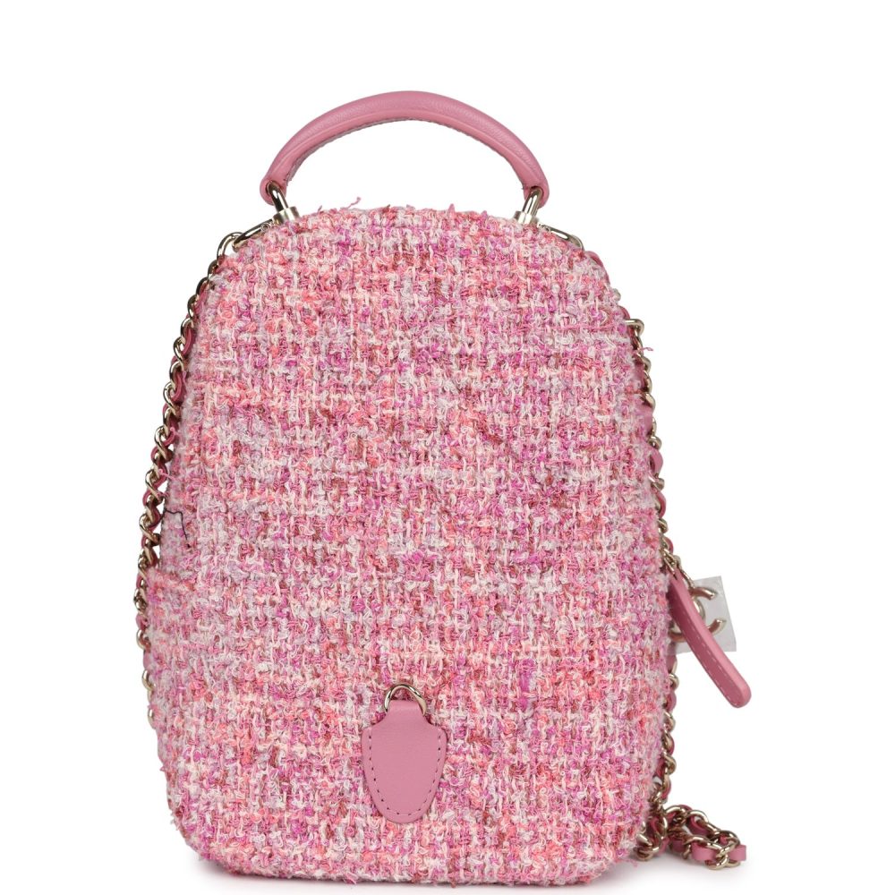 Chanel Mini Phone Holder Backpack with Chain Pink Multicolor Tweed Light Gold Hardware - Image 6
