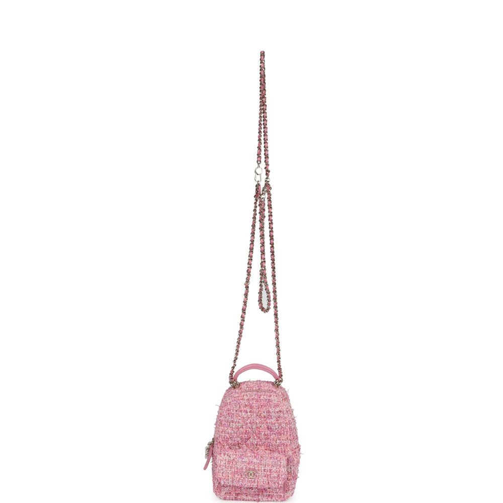 Chanel Mini Phone Holder Backpack with Chain Pink Multicolor Tweed Light Gold Hardware - Image 9