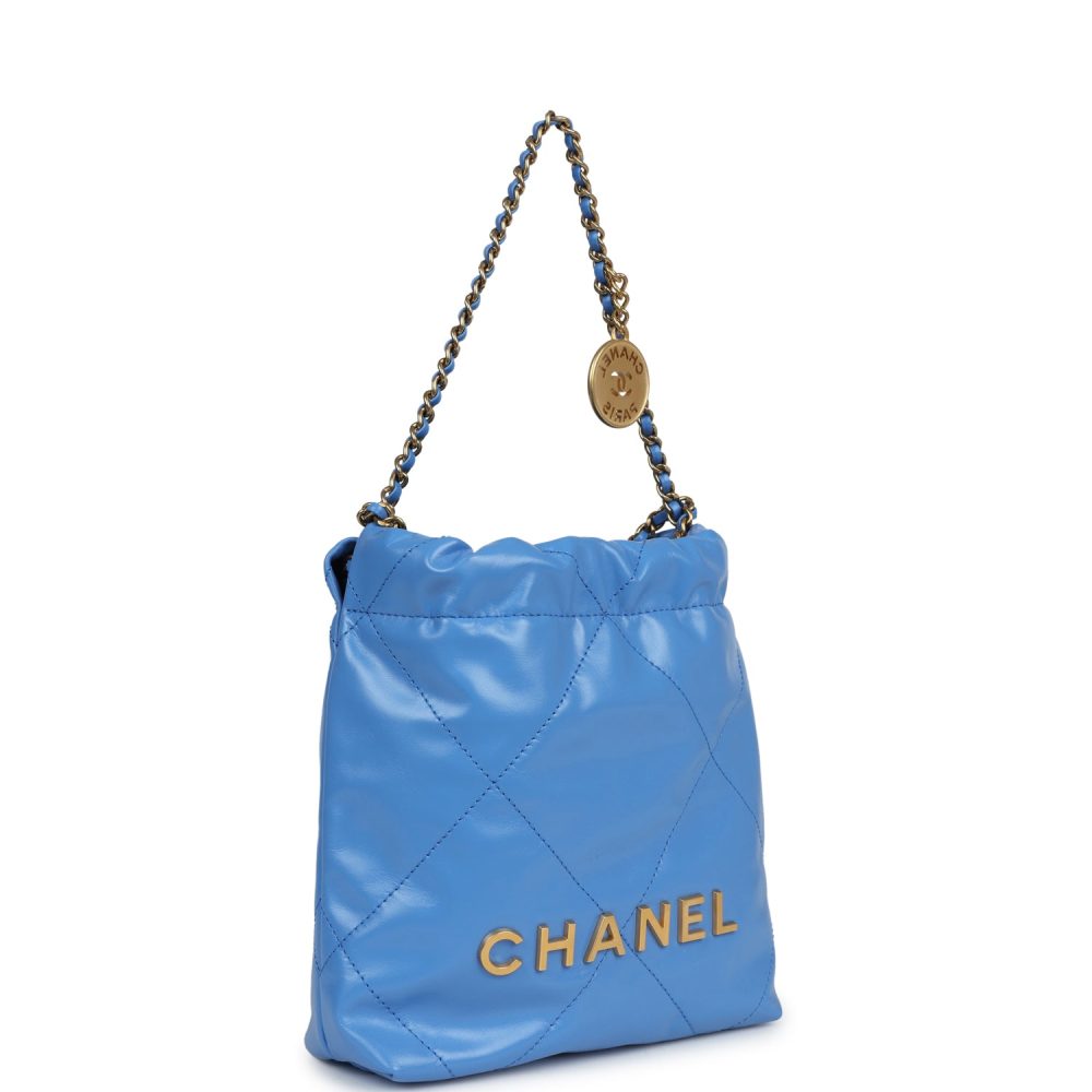 Chanel Mini 22 Bag Blue Shiny Aged Calfskin Gold Hardware - Image 2