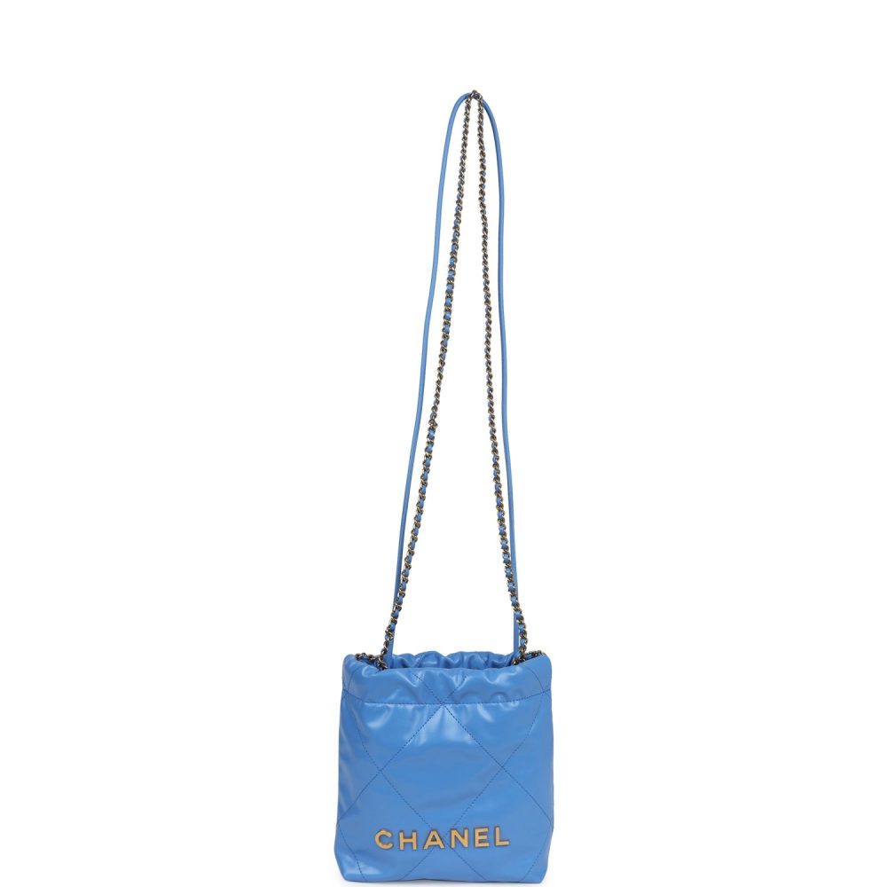 Chanel Mini 22 Bag Blue Shiny Aged Calfskin Gold Hardware - Image 8