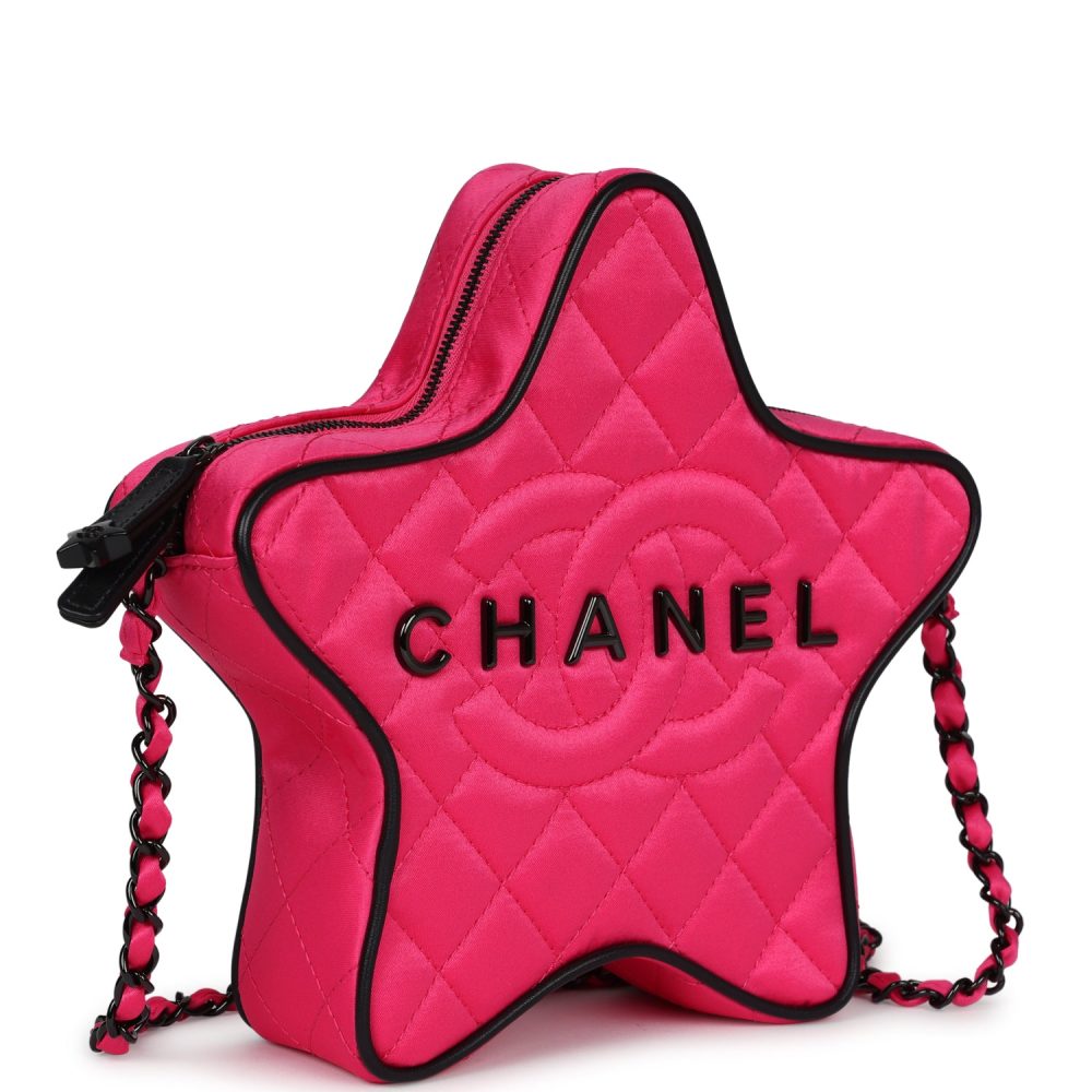 Chanel CC Star Bag Fuchsia and Black Satin Black Metal Hardware - Image 2